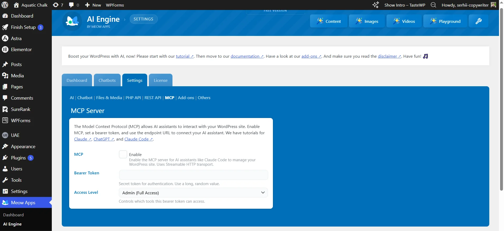 Connecting the MCP protocol to a WordPress site via AI Engine