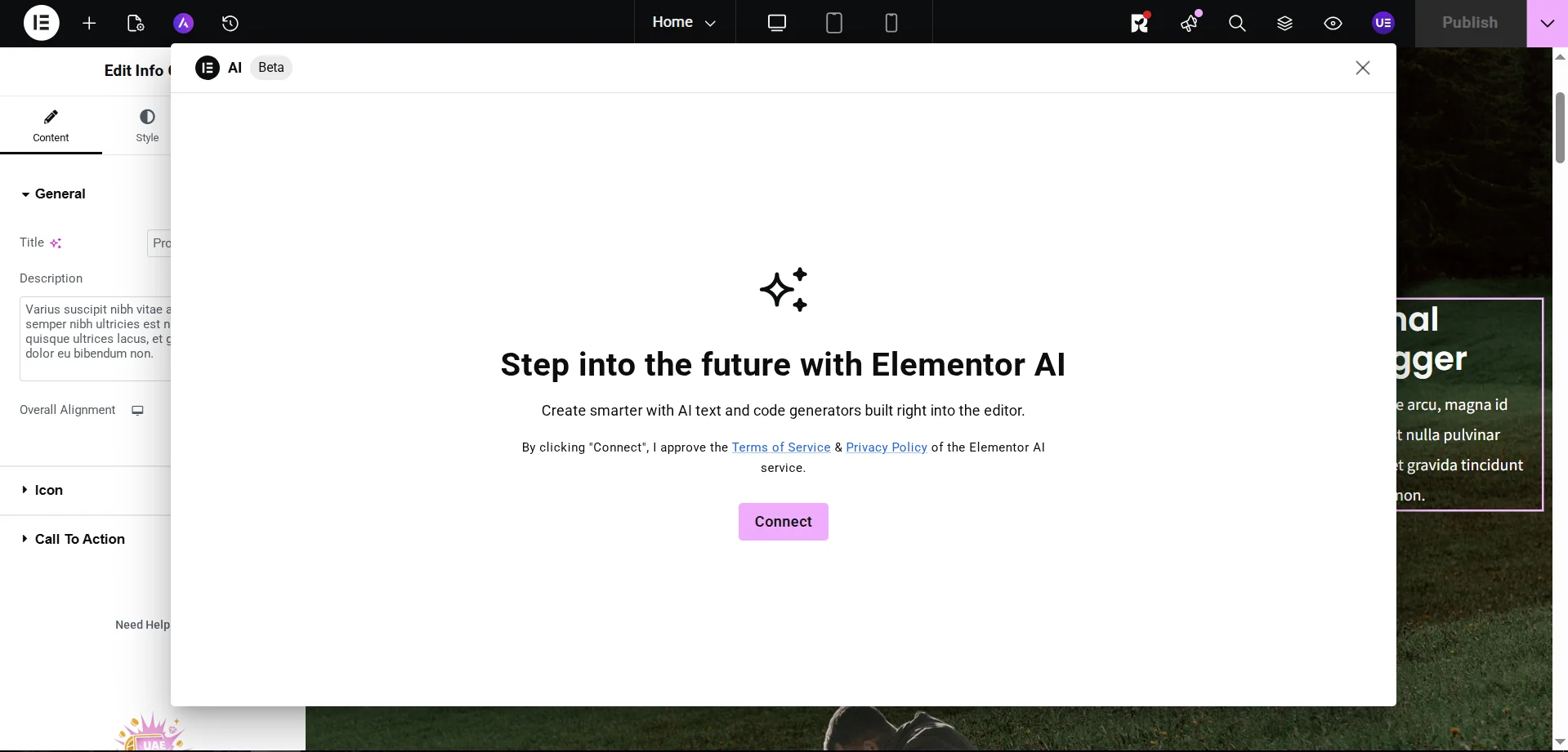 First stage of text generation with Elementor AI