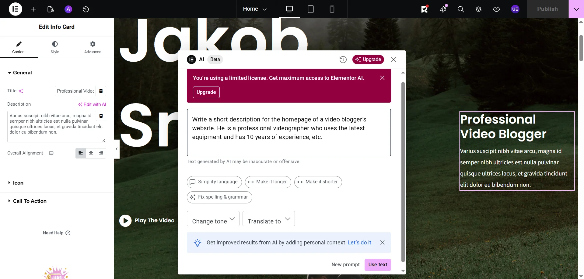 Prompt for text generation with Elementor AI