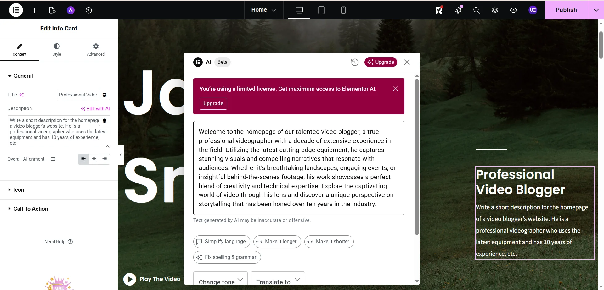 Working with text in the Elementor AI plugin