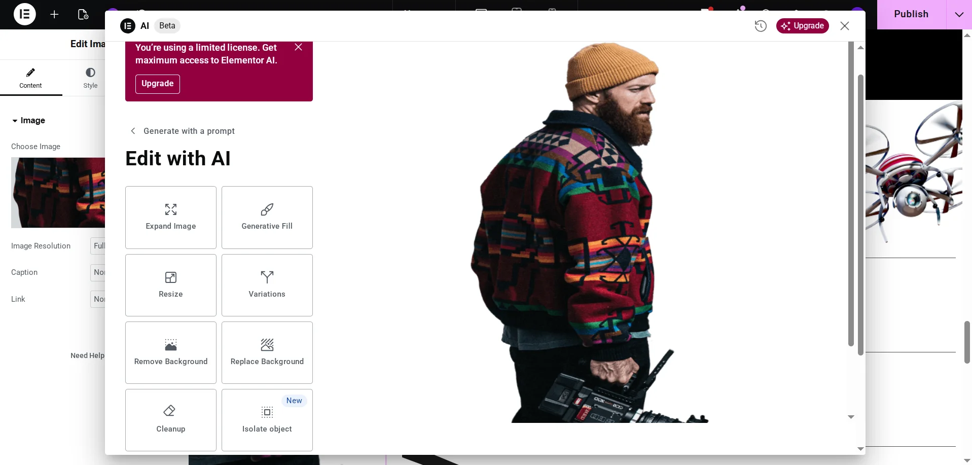 What tools for working with images does Elementor AI offer