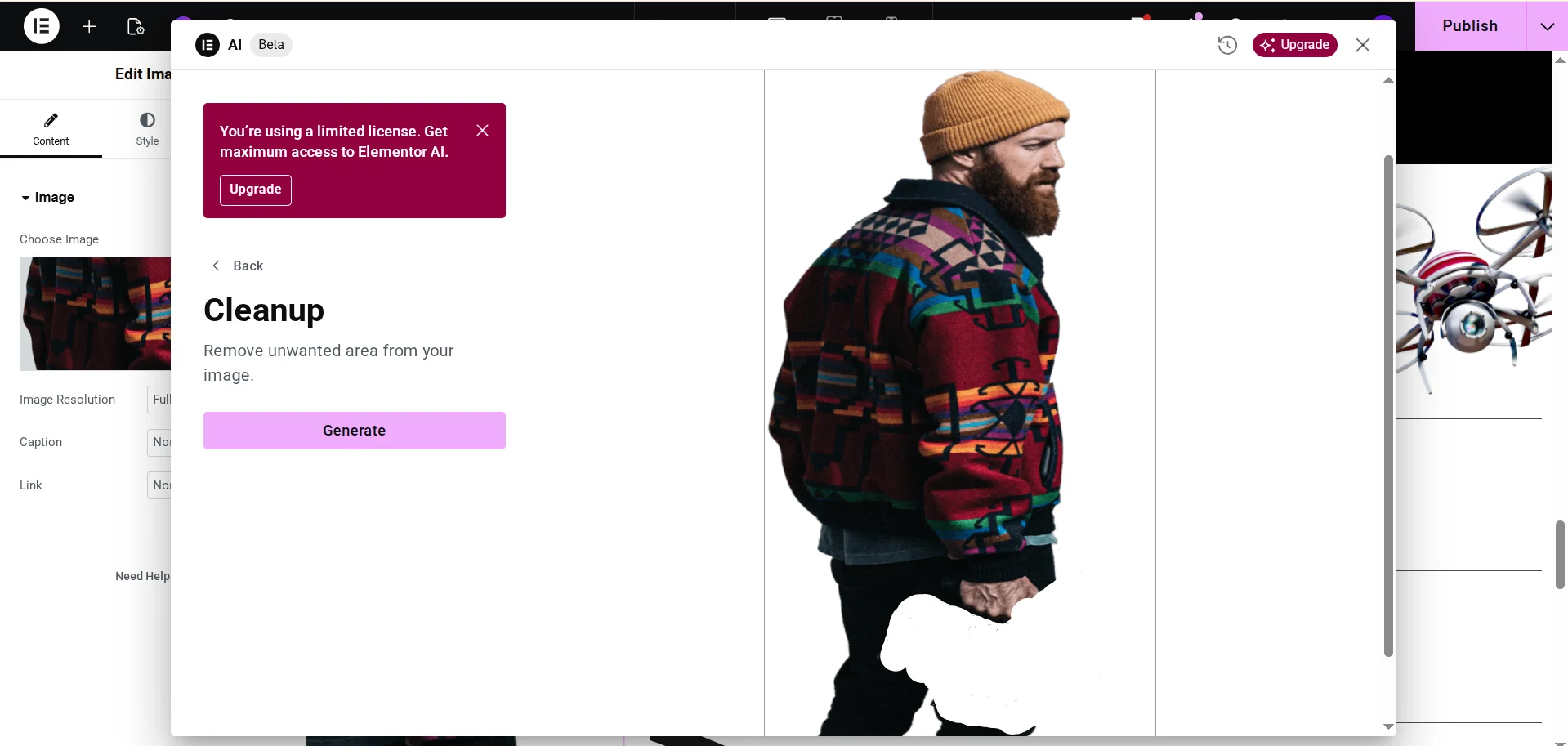 Removing an element from an image with the Elementor AI plugin