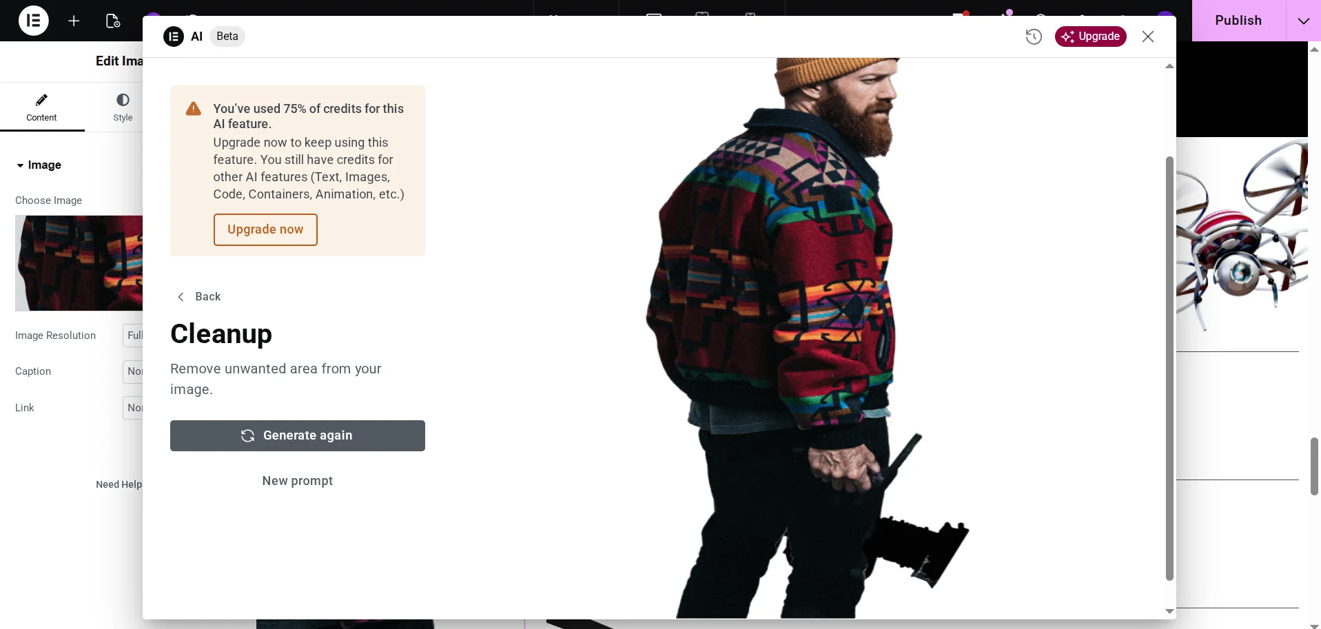 Unsuccessful attempt to process an image with Elementor AI