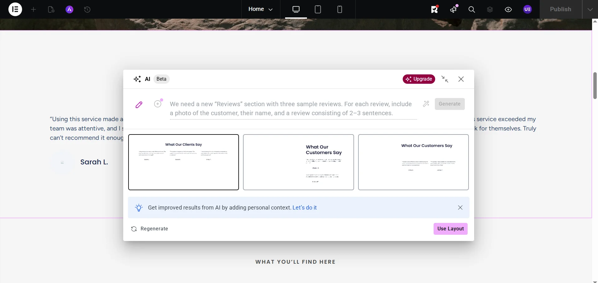 Section generation on a WordPress site with the Elementor AI plugin