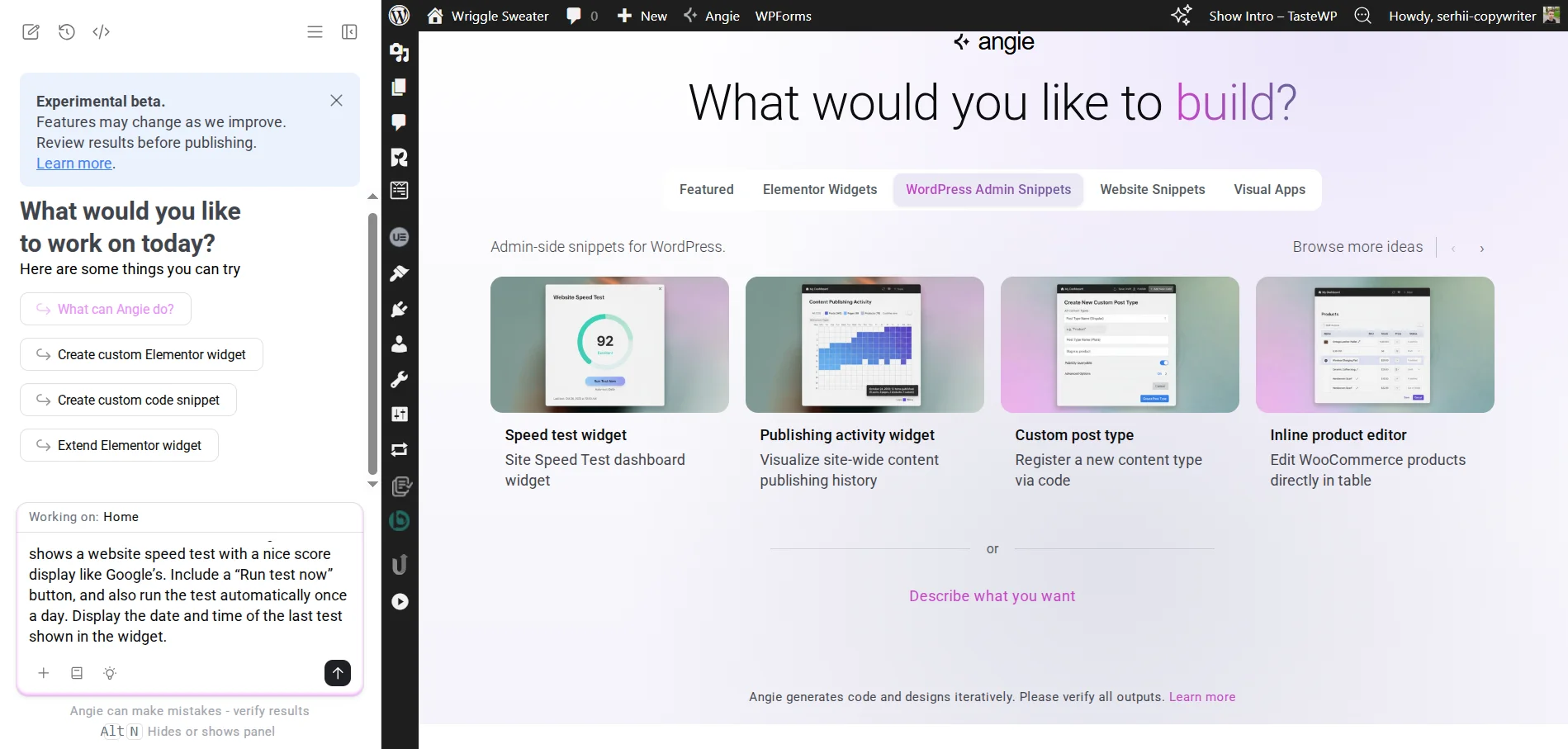Using ready prompts for the site from Angie