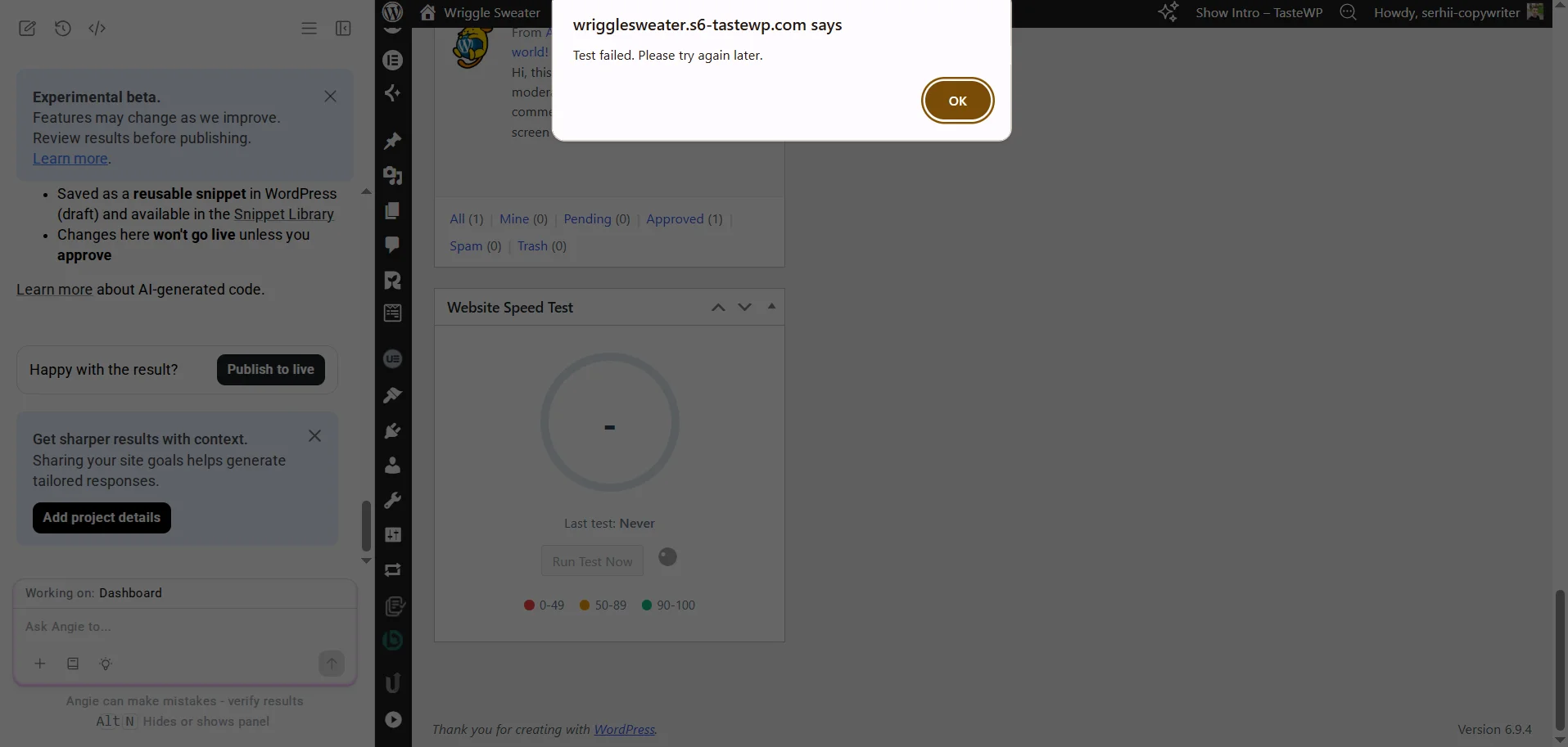 Widget error from Angie on WordPress
