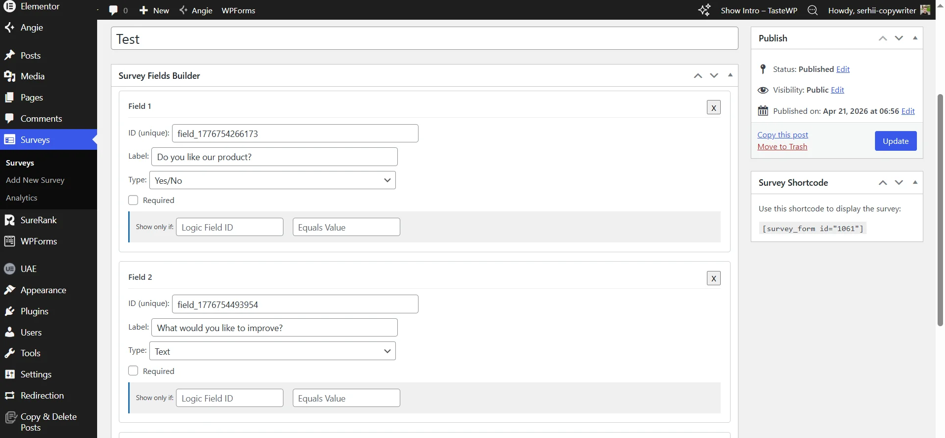 Adding surveys to a WordPress site with the AI plugin Angie
