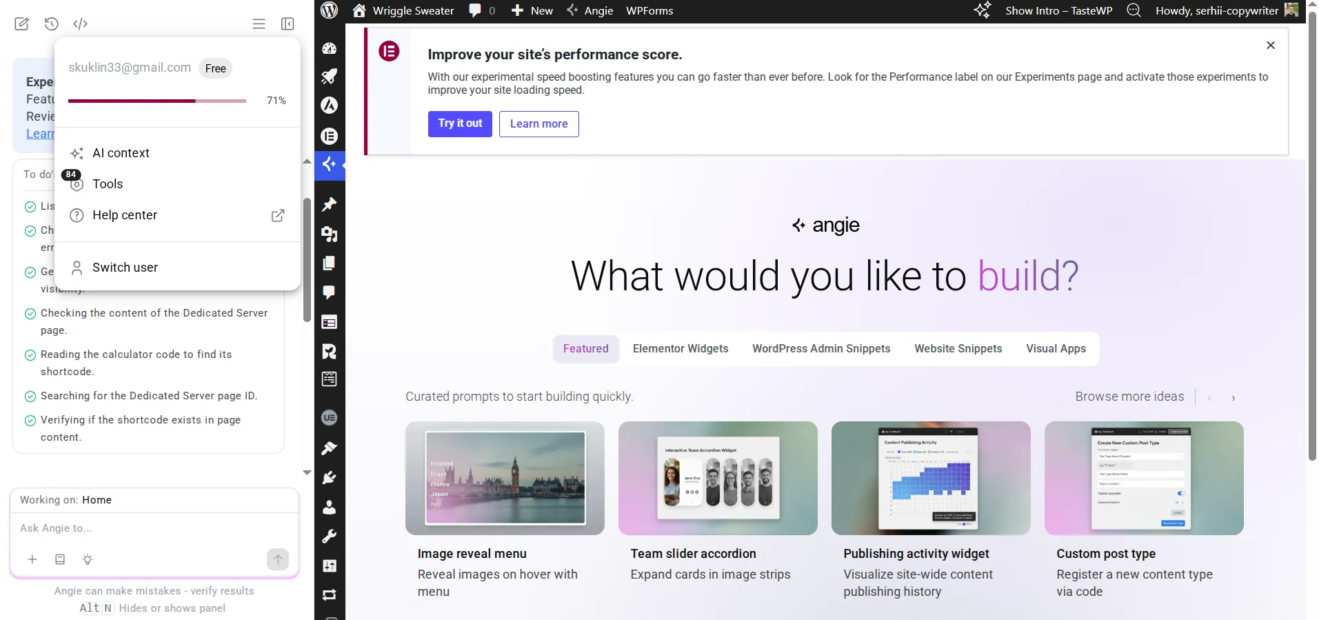 Where to find the limitations of the free version of Angie by Elementor
