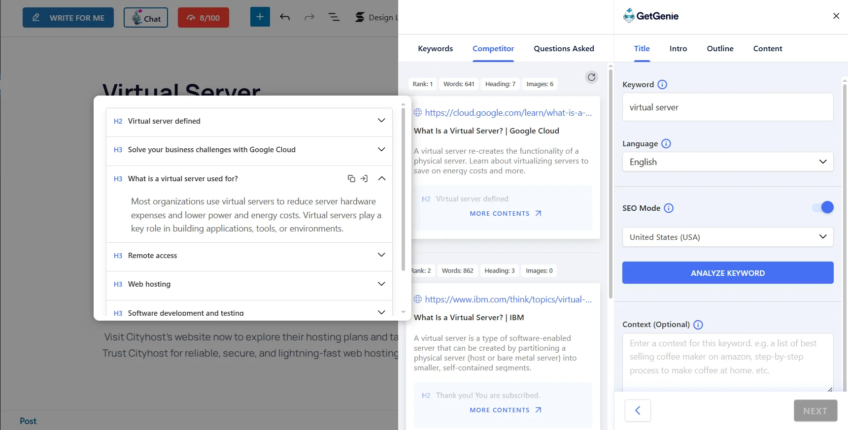 Example of competitor analysis with the AI plugin GetGenie