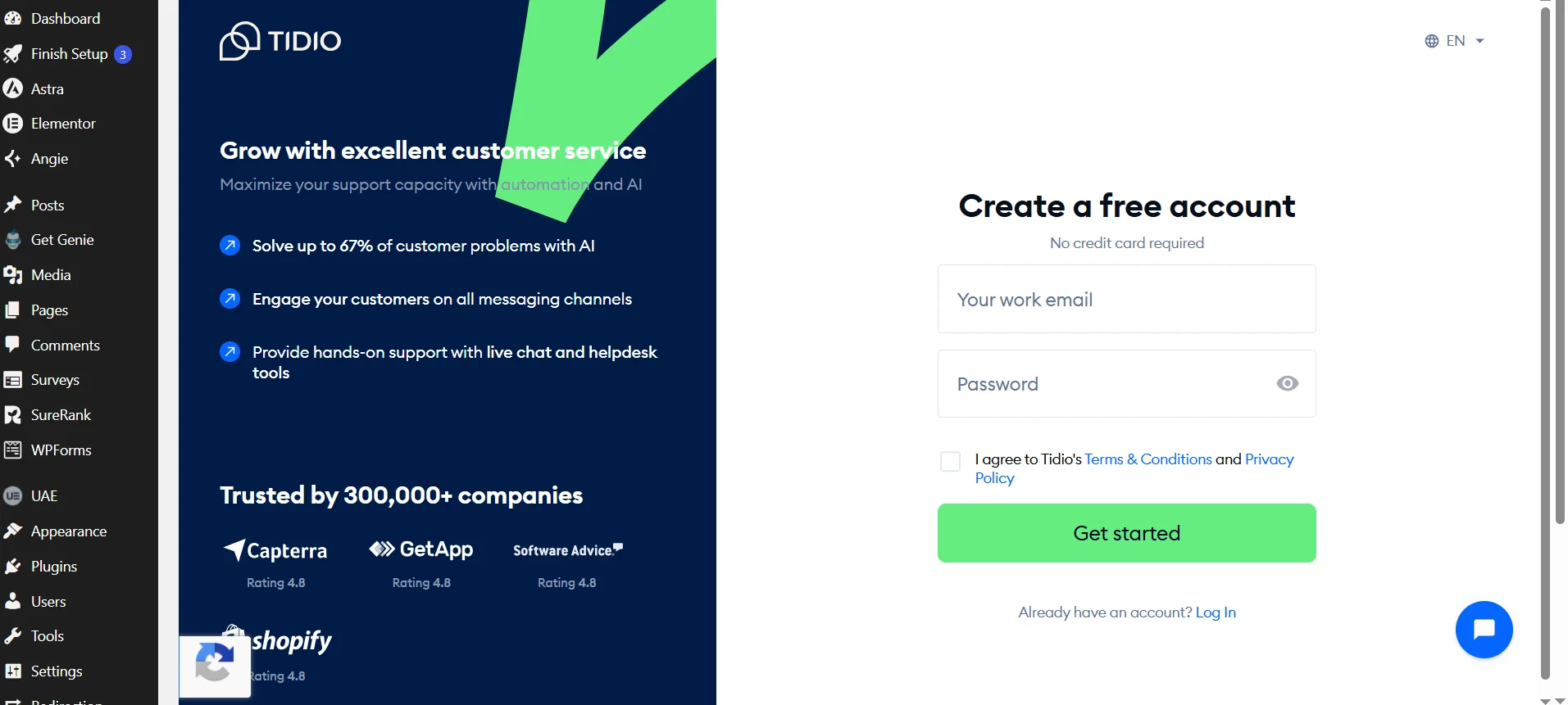 Creating an account in Tidio