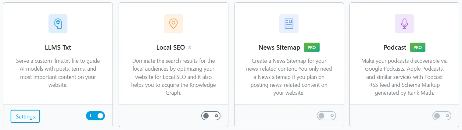 Бесплатный модуль Rank Math SEO для создания llms.txt