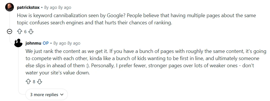 Комментарий Джона Мюллера о каннибализации в SEO на Reddit