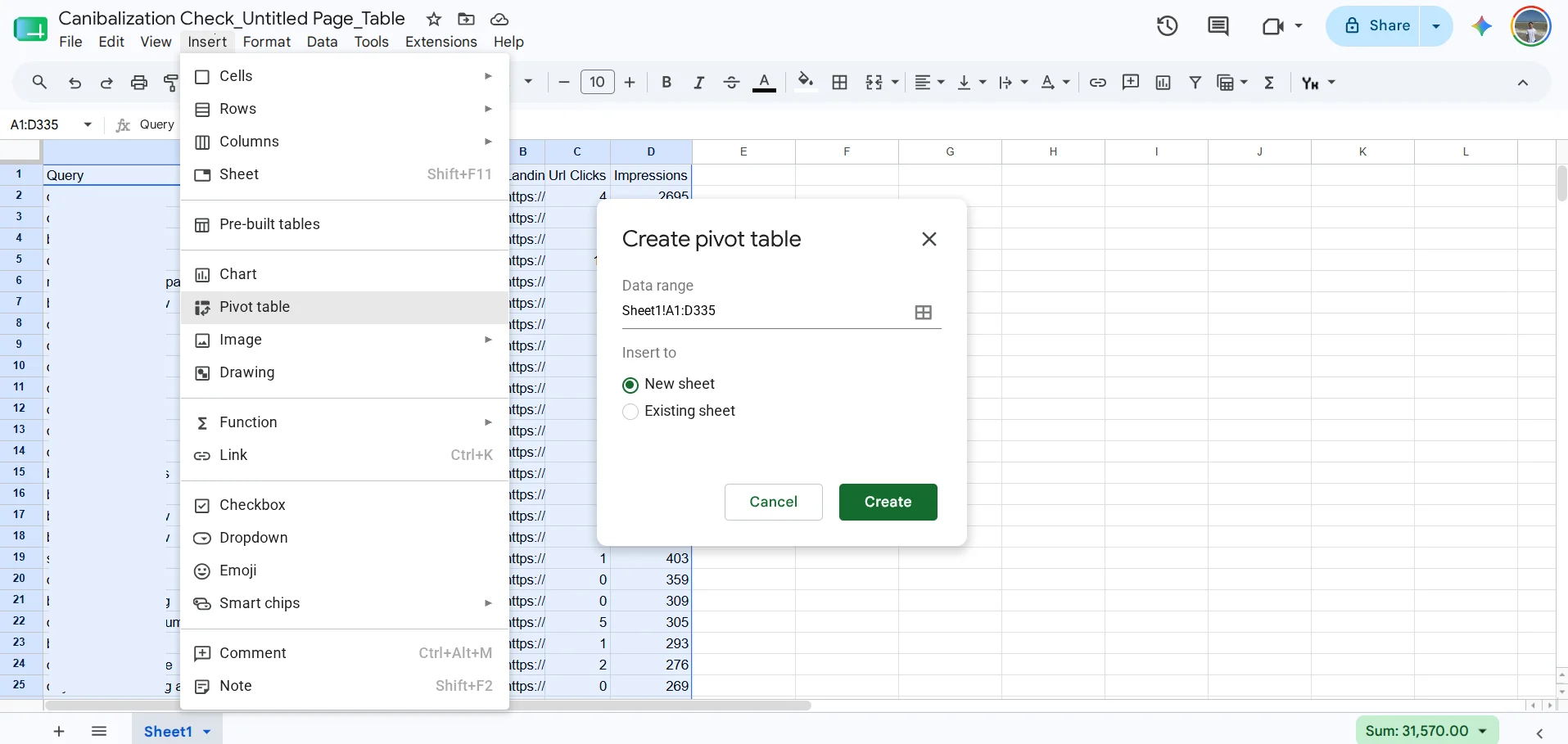 Создание сводной таблицы в Excel для анализа каннибализации на сайте