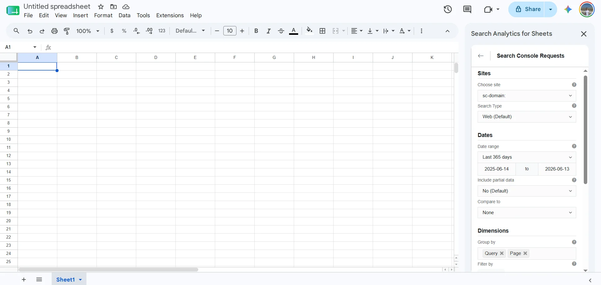 Настройка данных в Search Analytics for Sheets для поиска каннибализации ключей