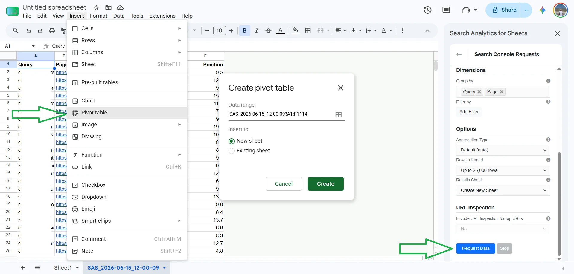 Создание сводной таблицы в Search Analytics for Sheets для поиска SEO каннибализации