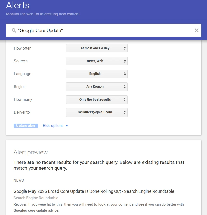 Пример информационного агента в Google Alerts
