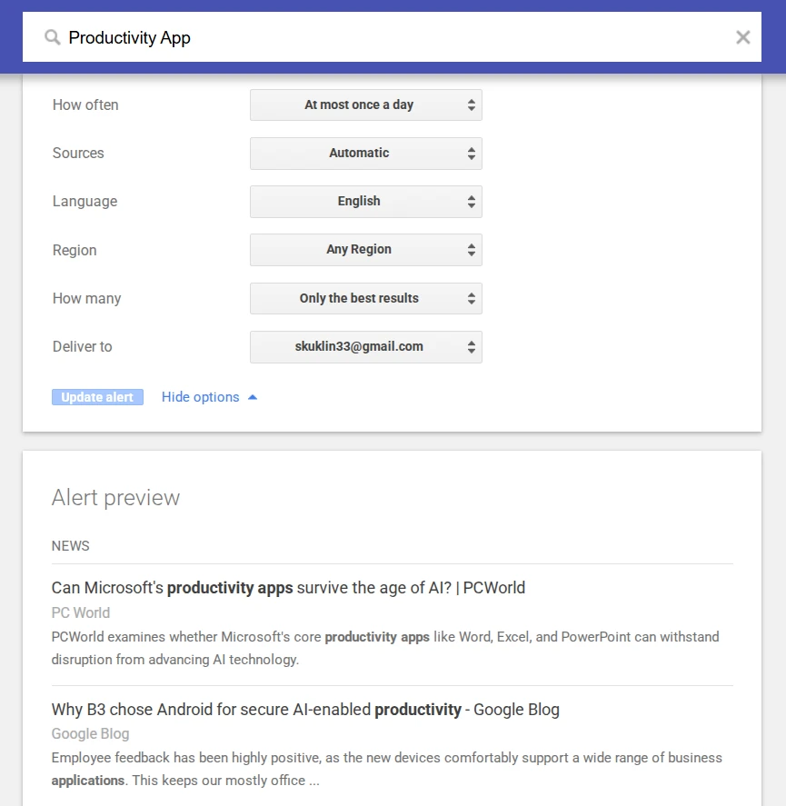 Настройка информационного агента в Google Alerts