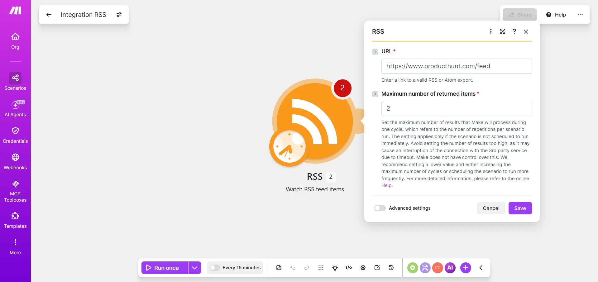 Пример добавления RSS в Make