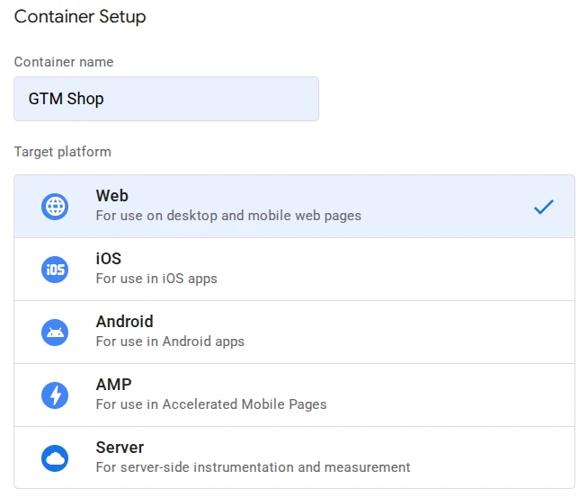 Выбор платформы для установки Google Tag Manager