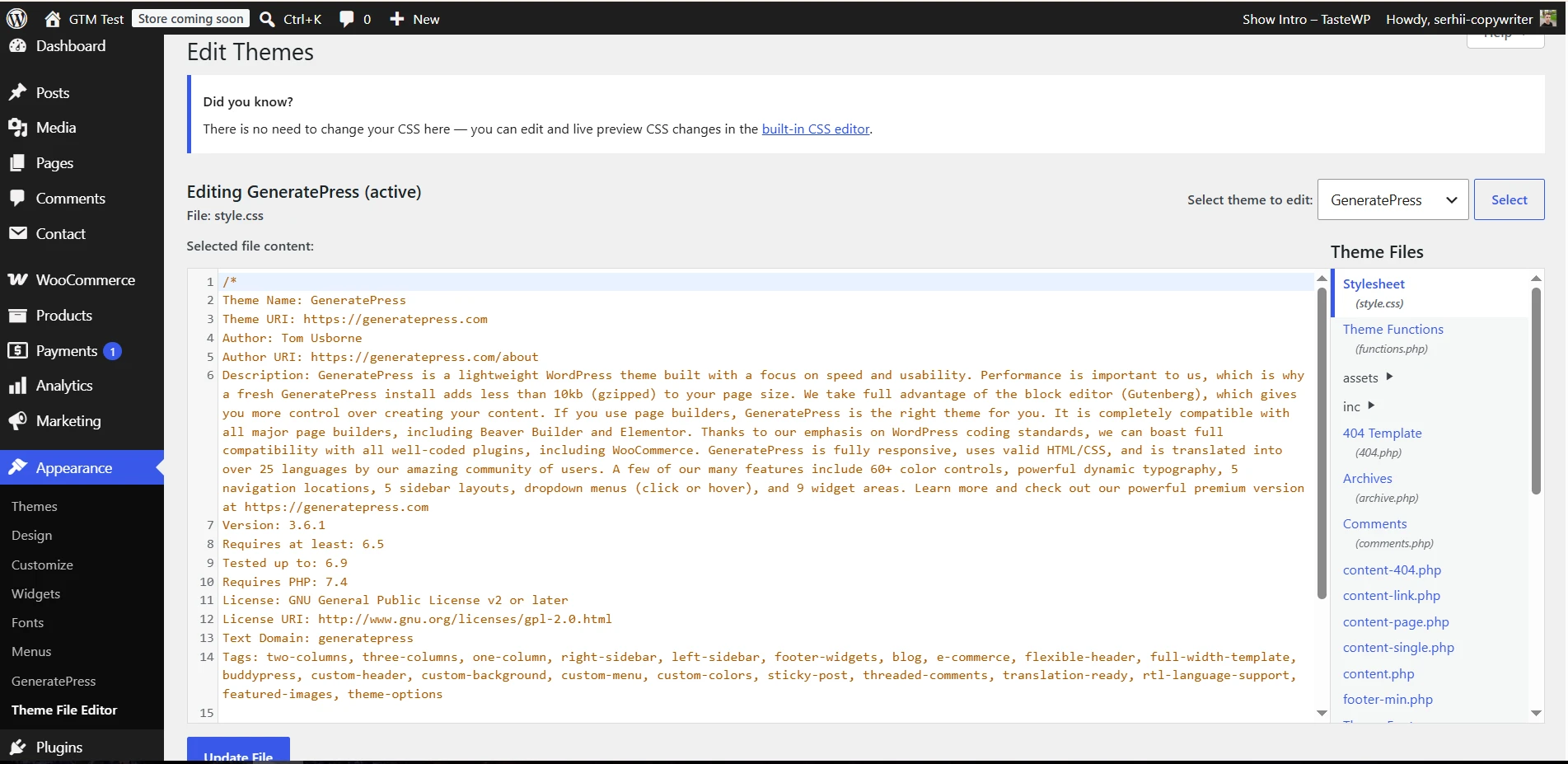 Установить код Google Tag Manager можно через редактор темы WordPress