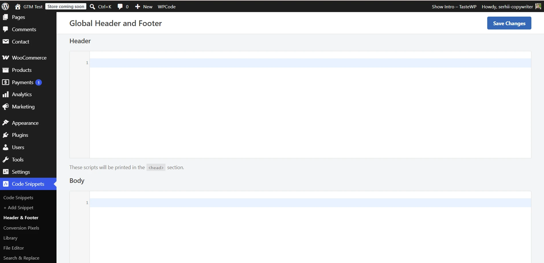 Раздел Header и Footer WPCode для добавления Google Tag Manager