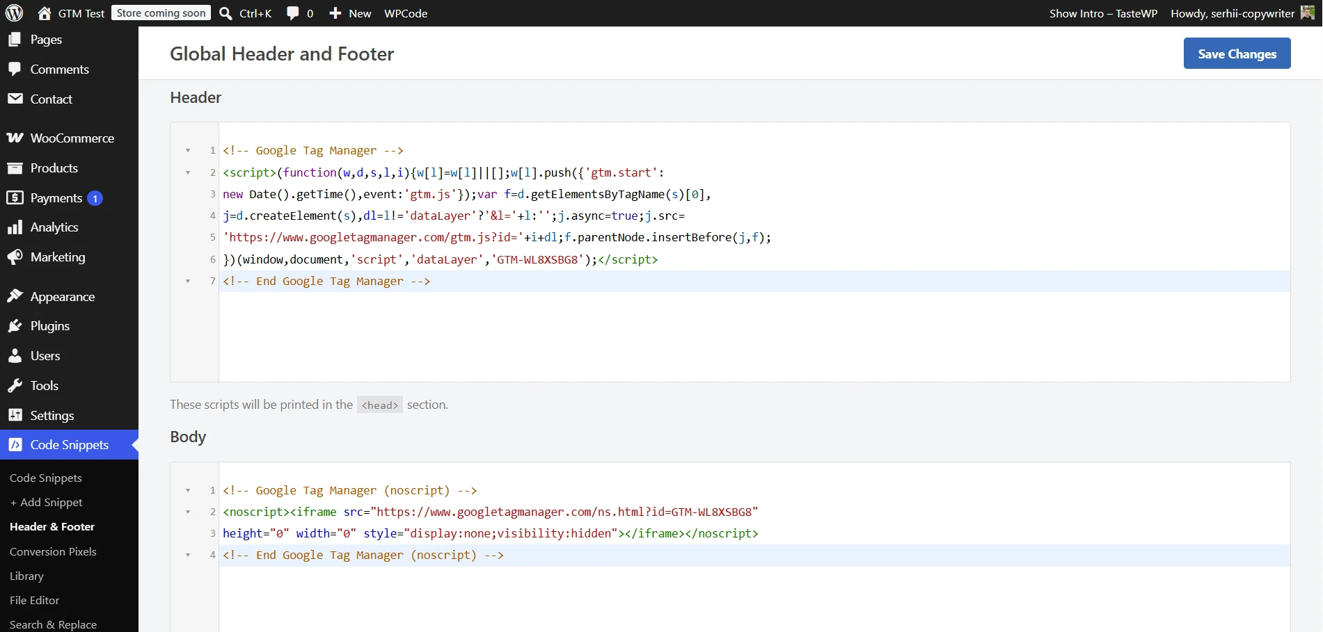 Пример добавления кода Google Tag Manager с плагином WPCode
