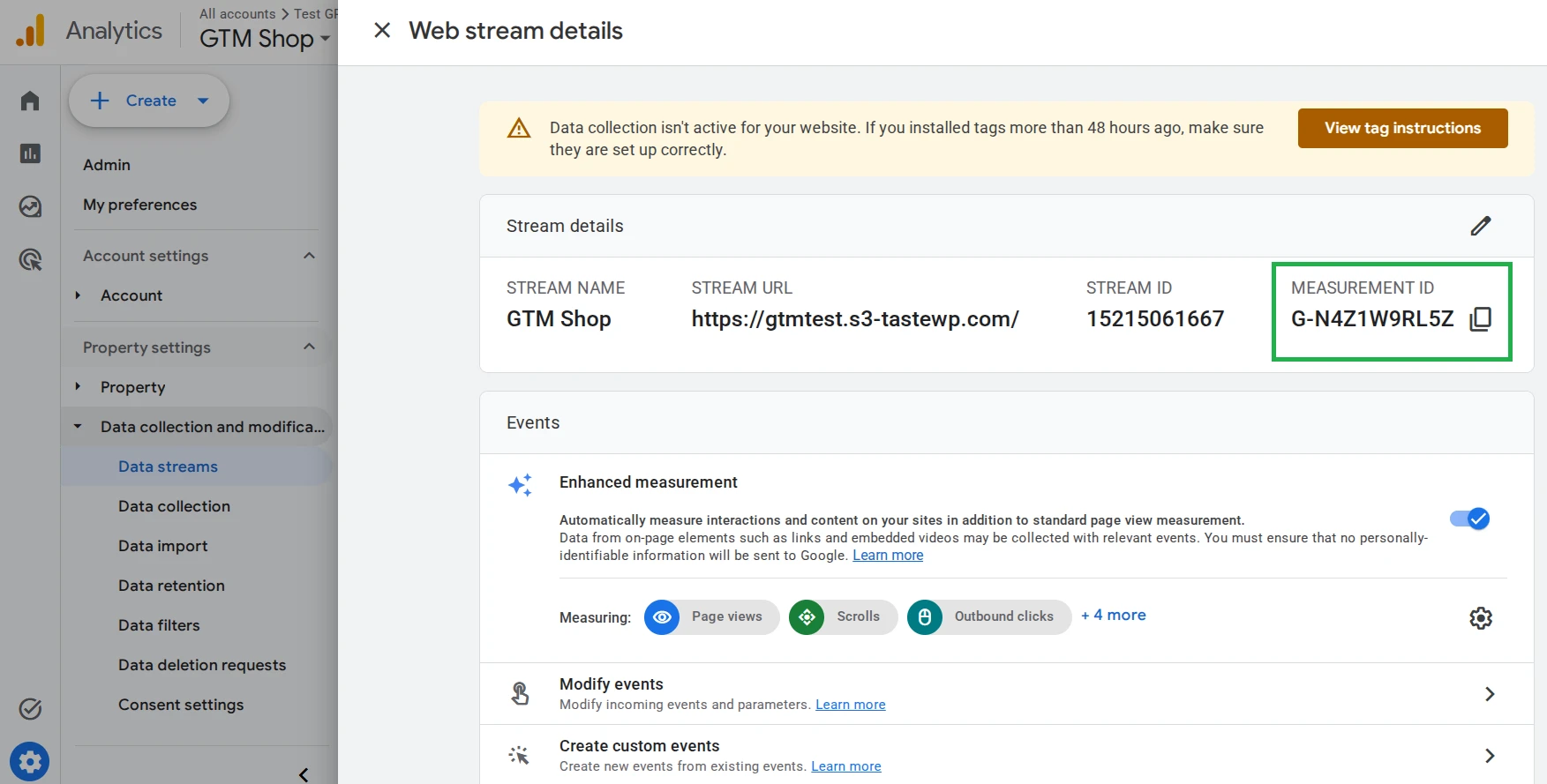 Пример ID аккаунта в Google Analytics 4 для Google Tag Manager