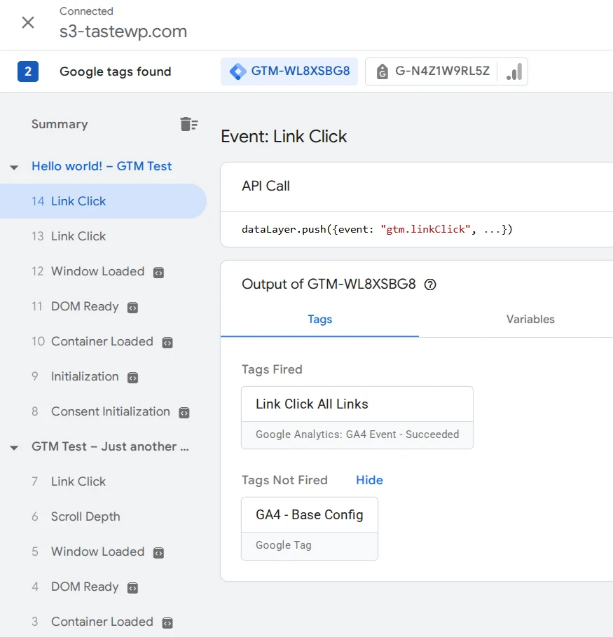 Пример предварительного режима в Google Tag Manager для проверки кликов