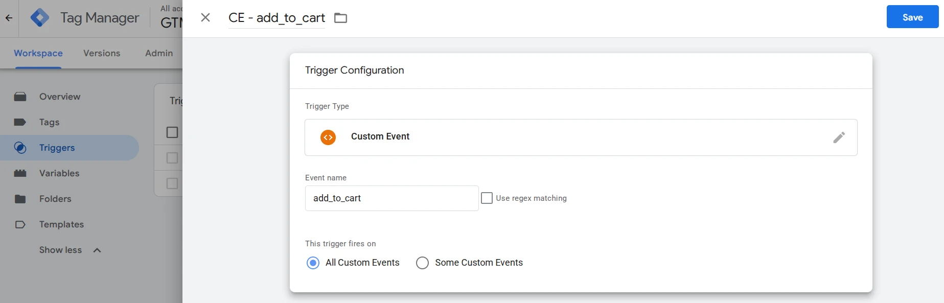 Пример триггера добавления в корзину в Google Tag Manager
