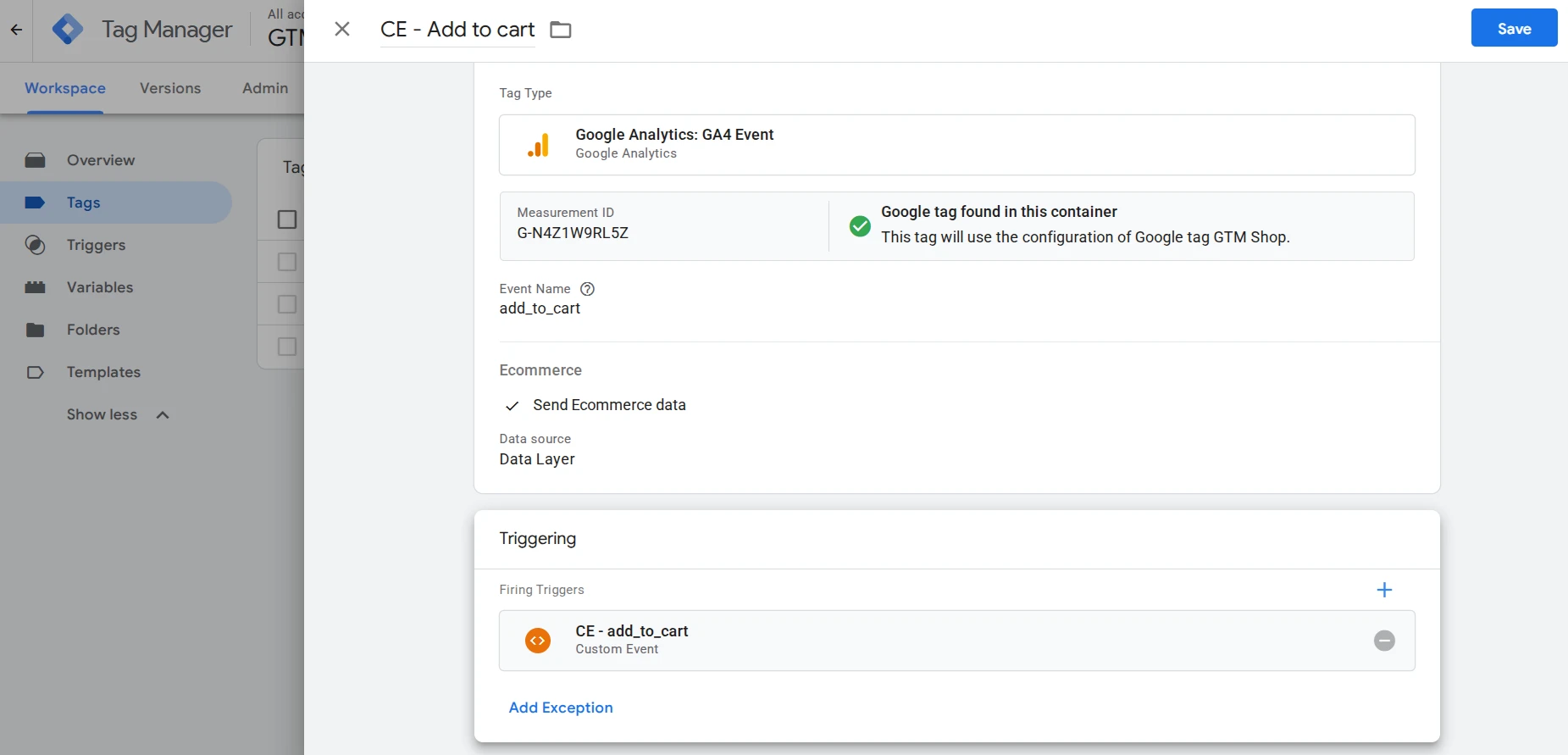 Пример тега add to cart в Google Tag Manager