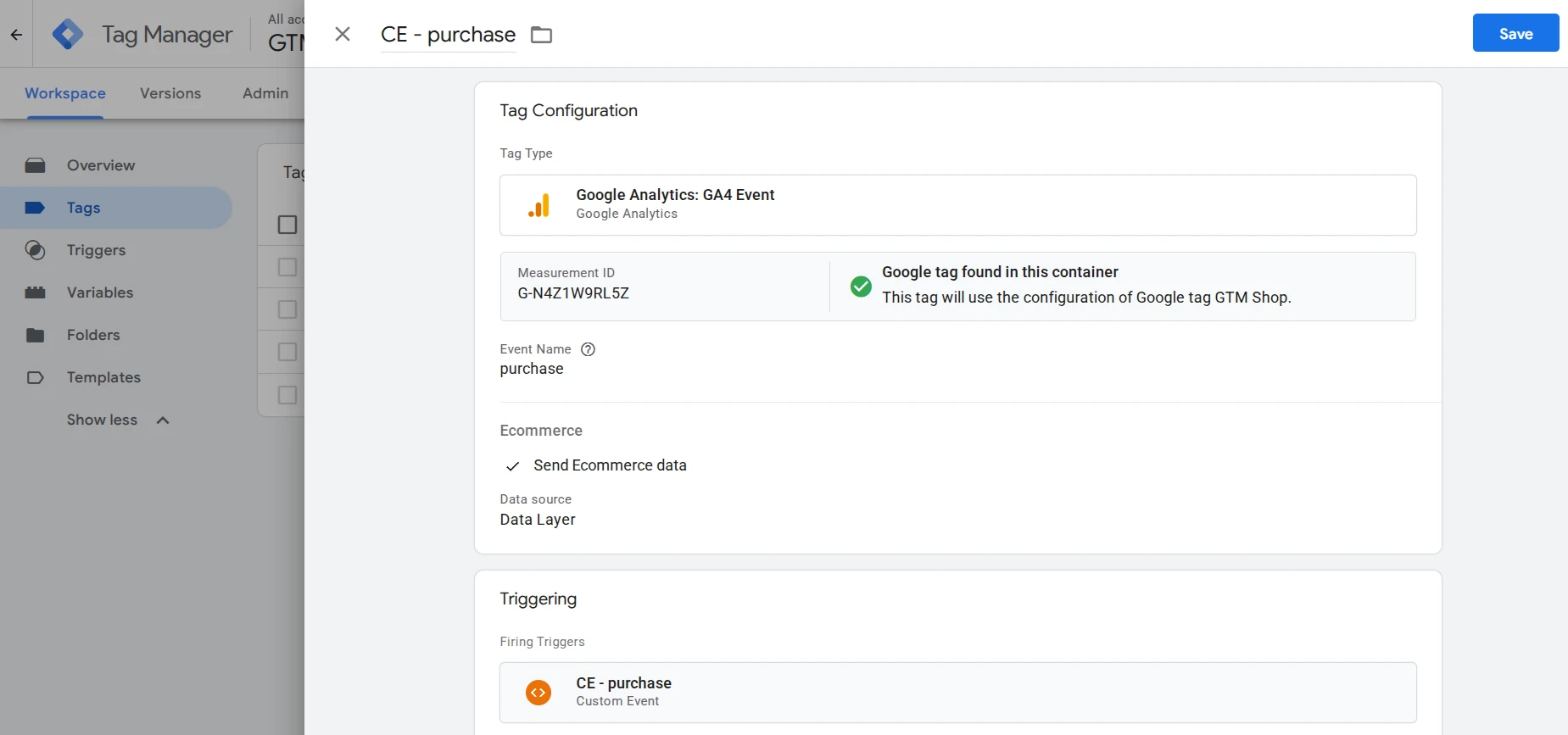 Пример тега purchase в Google Tag Manager