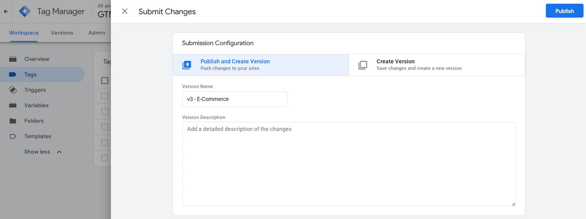 Пример публикации изменений в Google Tag Manager