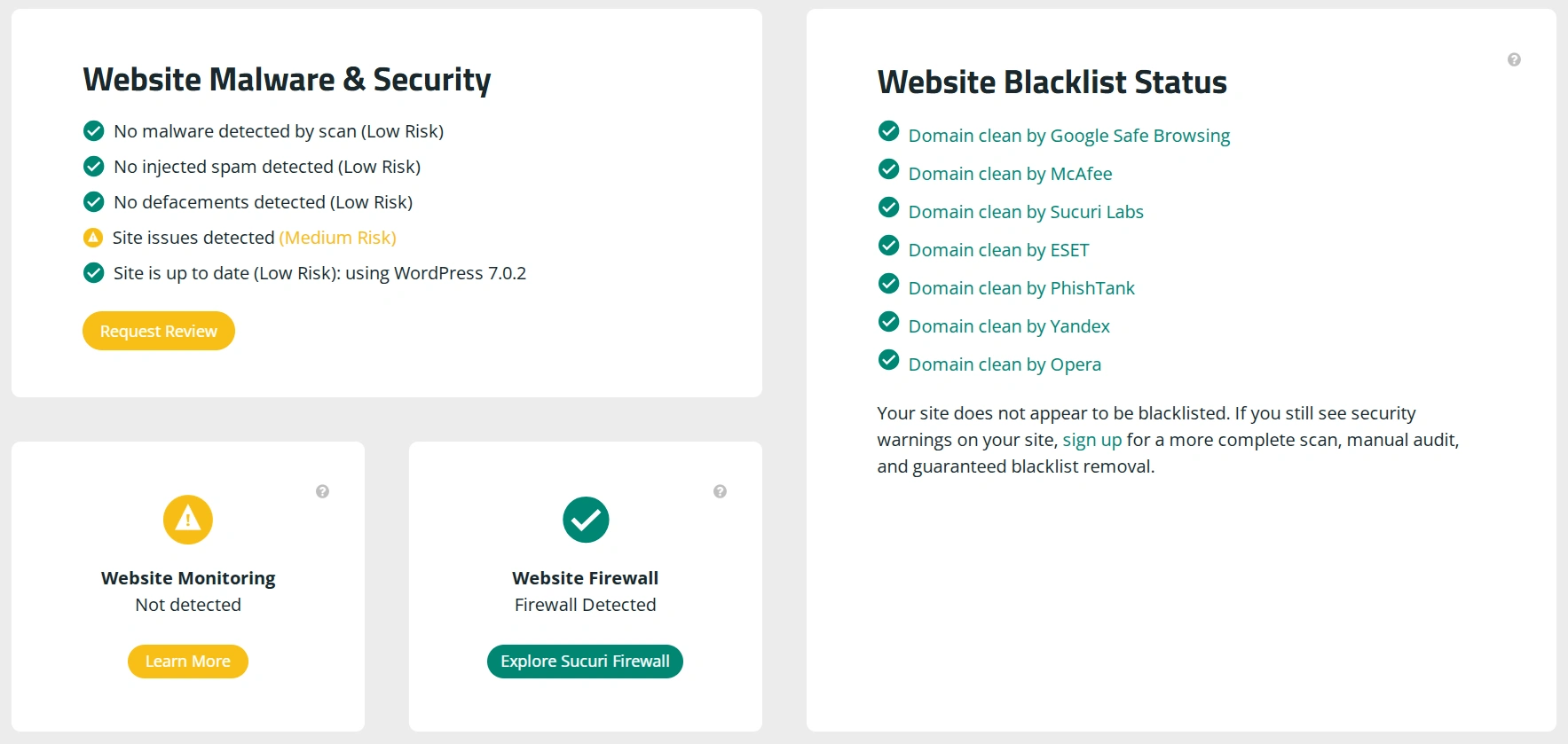 Детальная проверка сайта на взлом на сервисе Sucuri SiteCheck