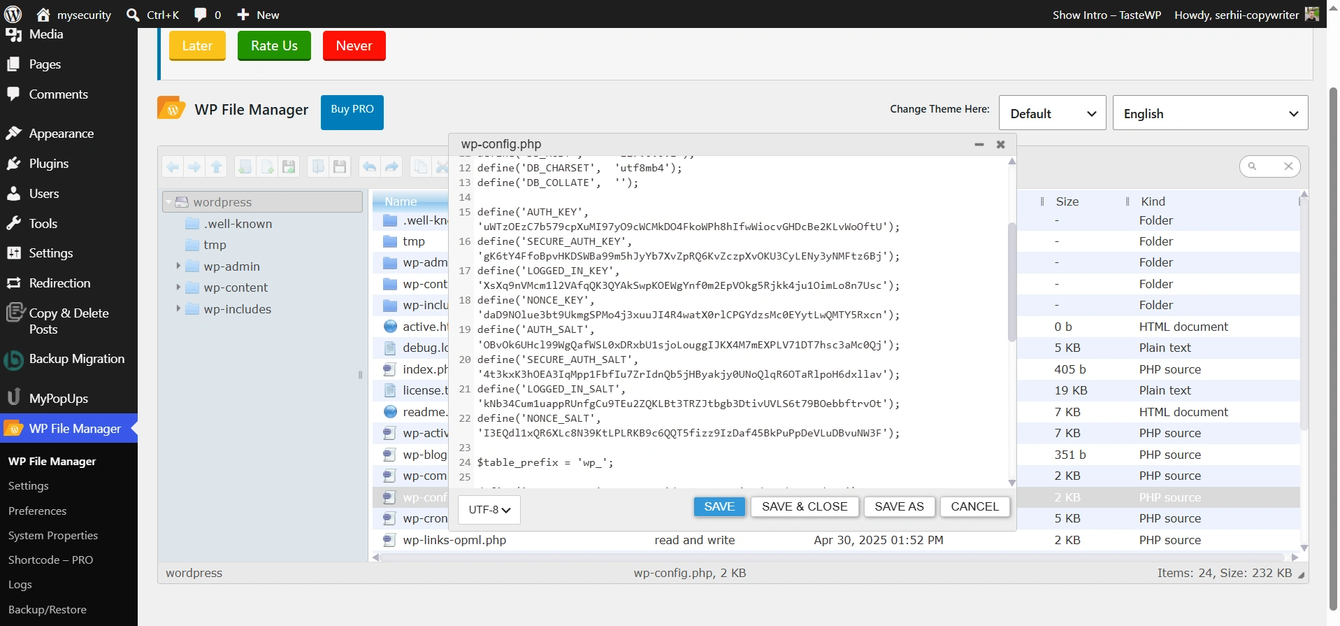 Редактирование файла wp-config с плагином WP File Manager