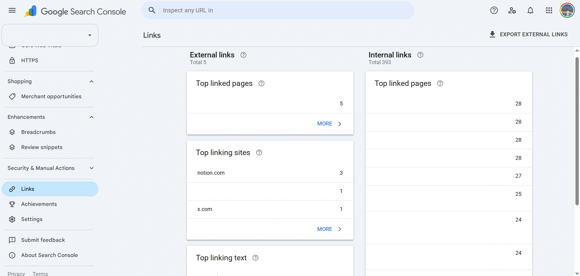 Finding external links to a site in Google Search Console