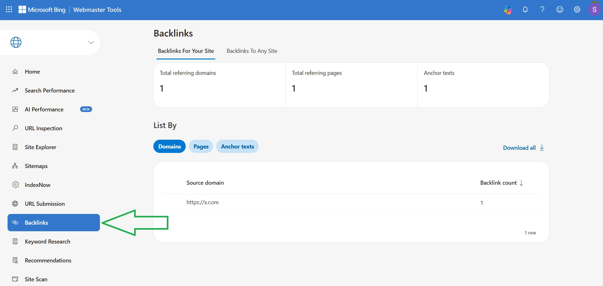 Example of finding external links to a site from Bing Webmaster Tools