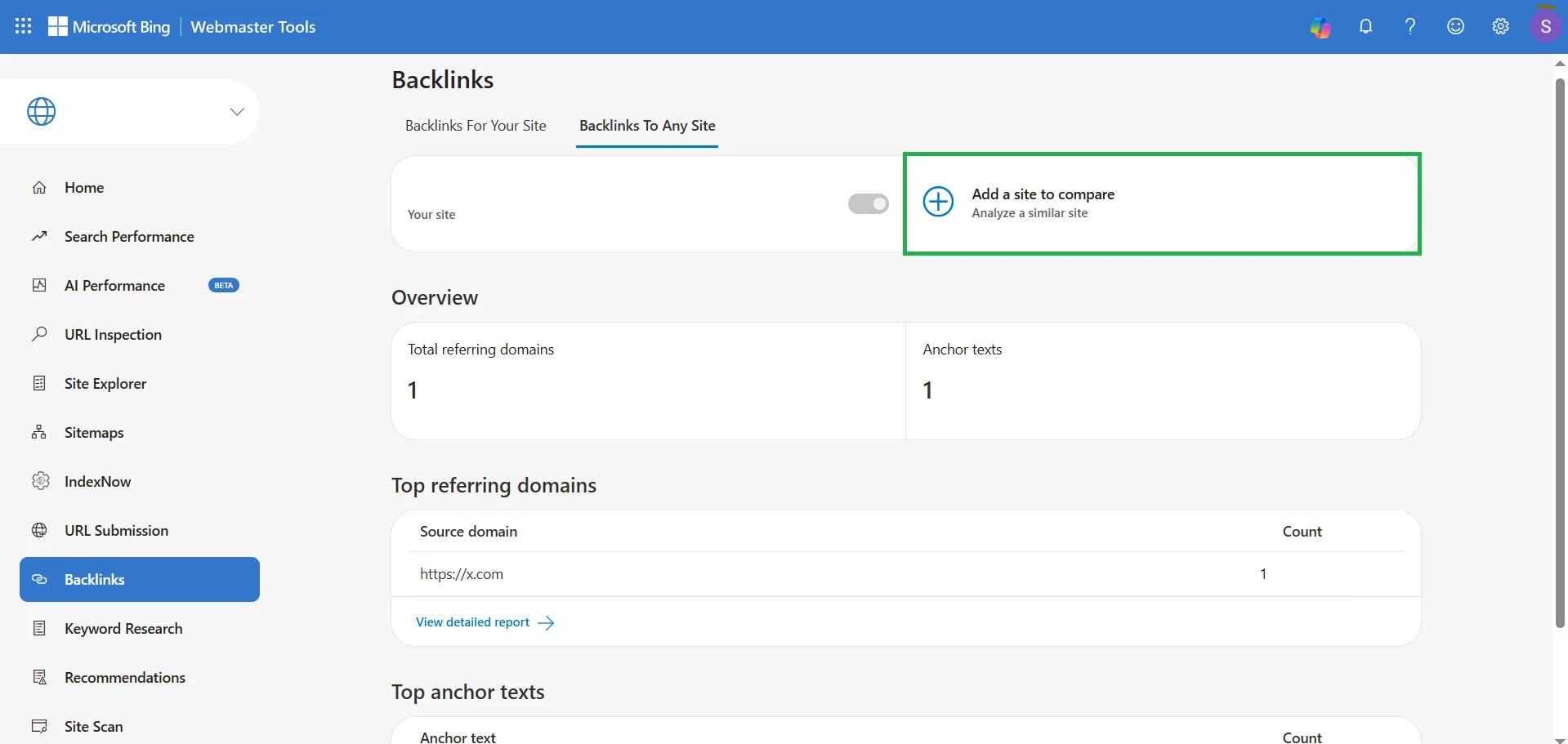Example of finding external links to a competitor's site in Bing Webmaster Tools