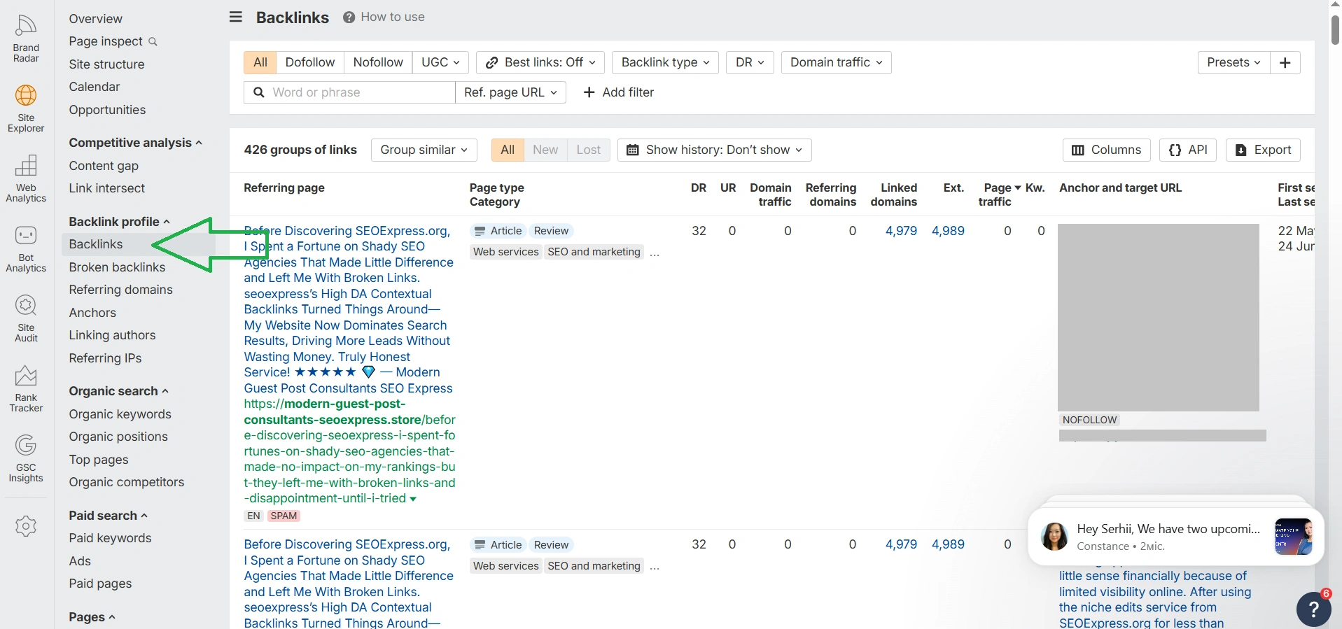 Backlink analysis of your own site on Ahrefs Free