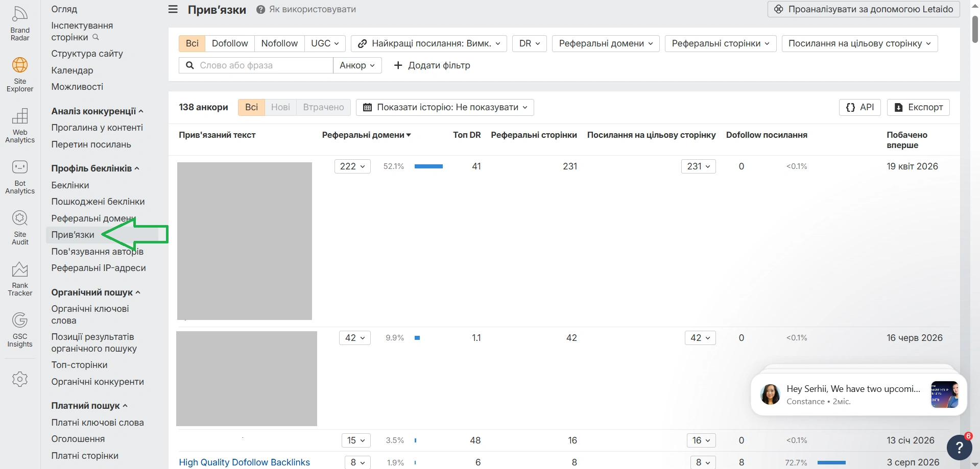 Приклад списку анкорів при пошуку беклінків на сайт на Ahrefs Free 