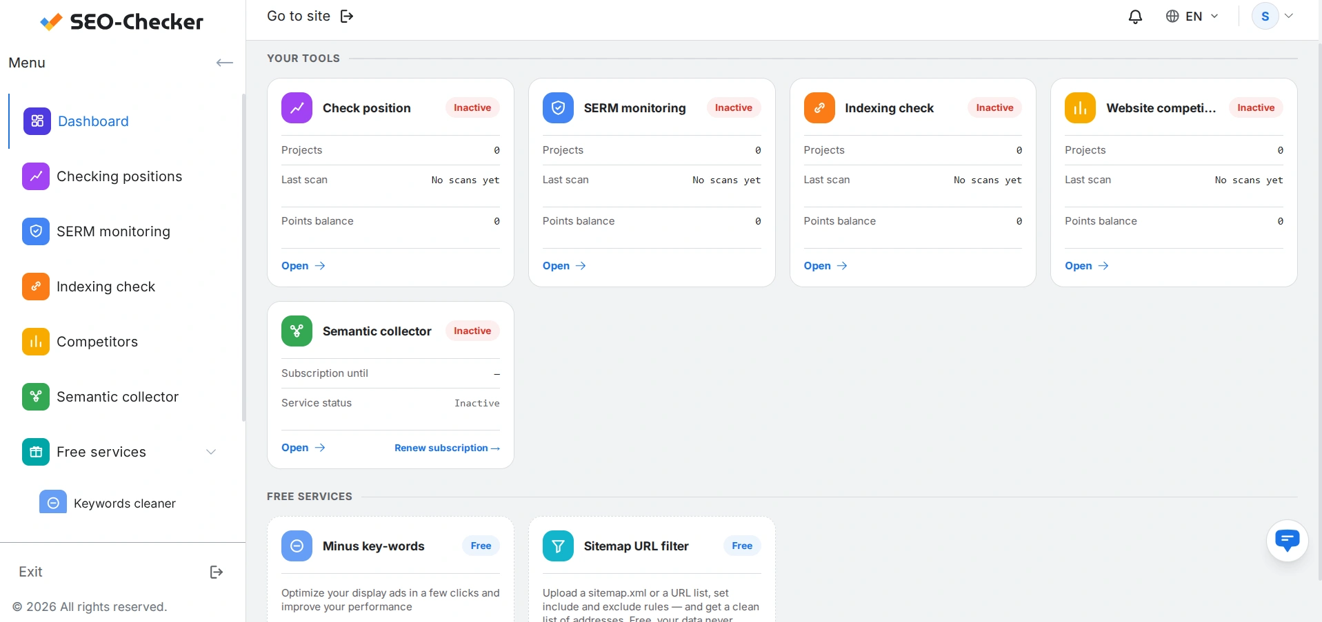 Project management panel on the SEO Checker service