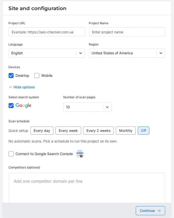 Adding a site to track website positions on the SEO Checker service