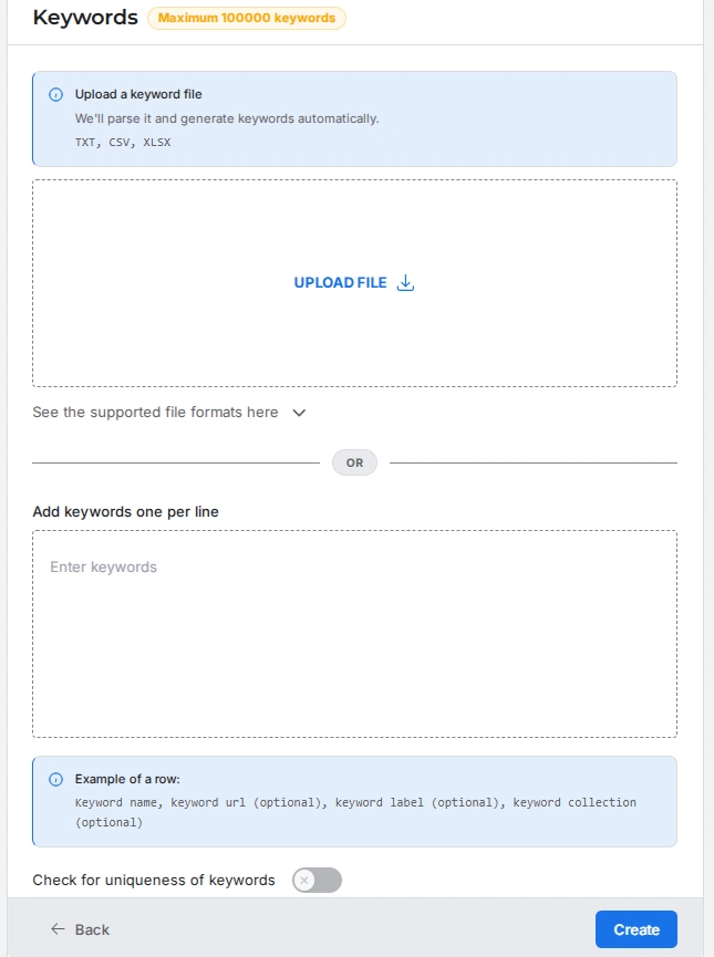 Adding keywords to track website positions in SEO Checker