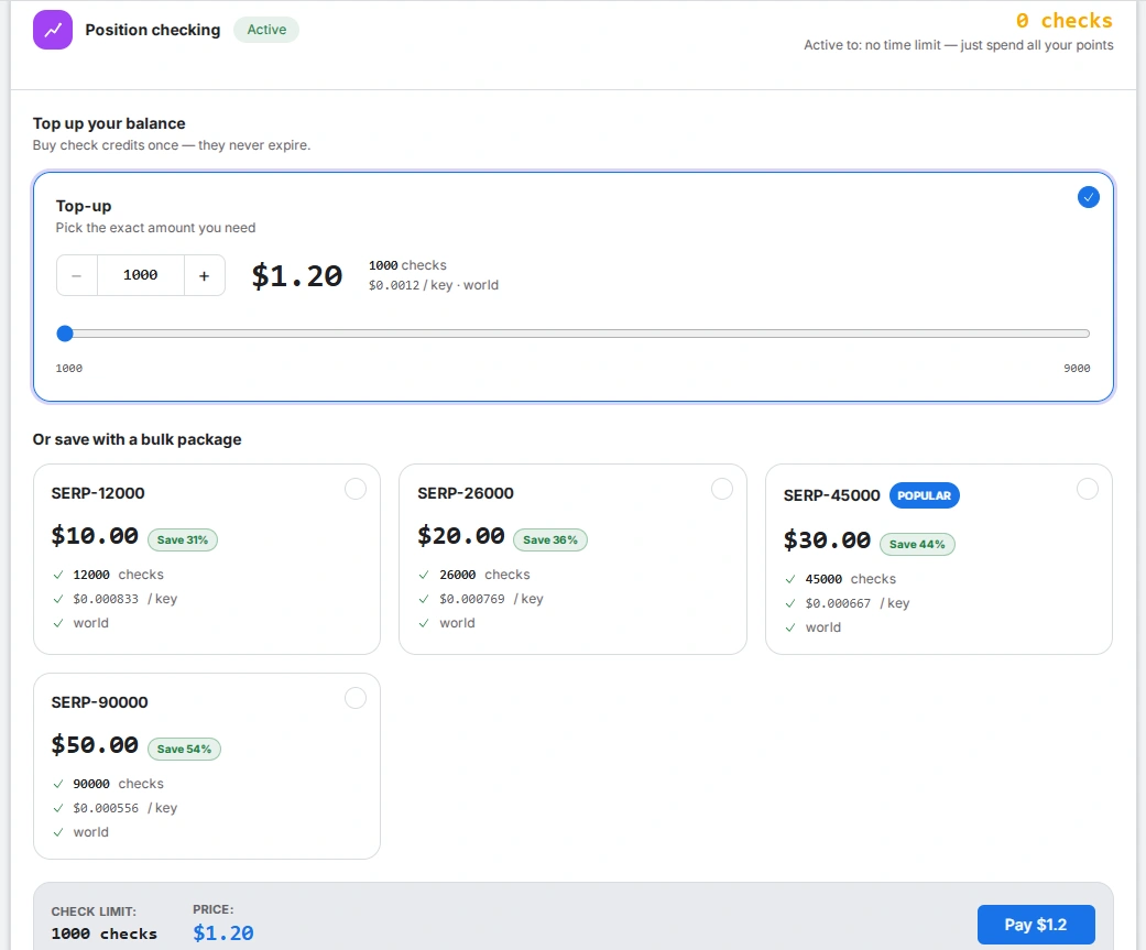 Replenishing balance on SEO Checker to track website positions