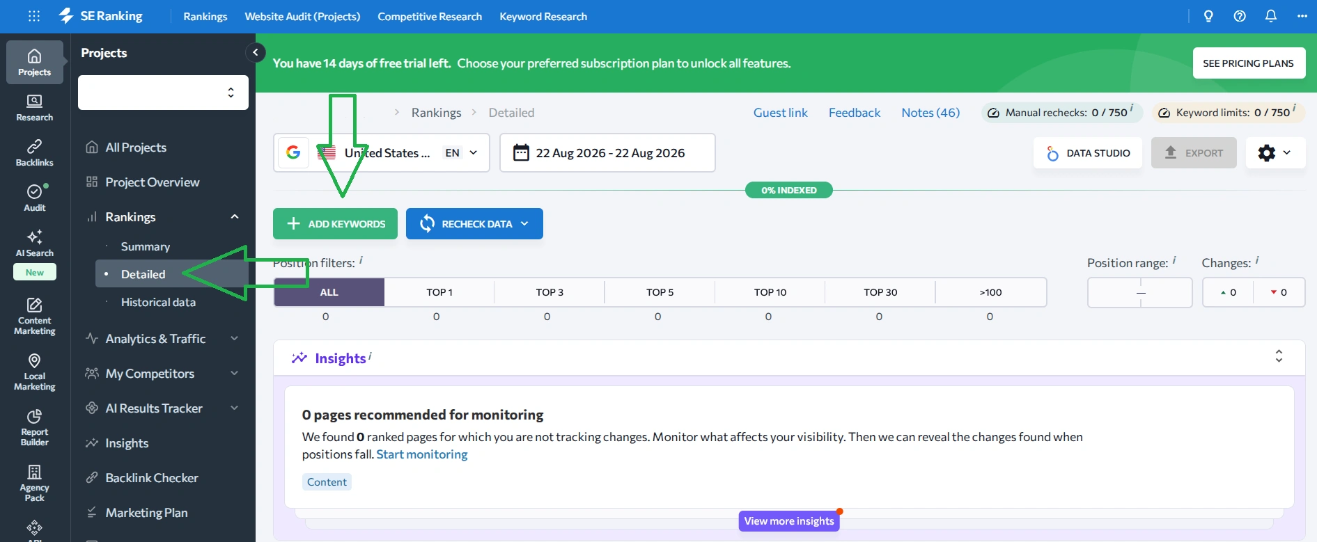 Adding keywords for tracking website positions on SE Ranking