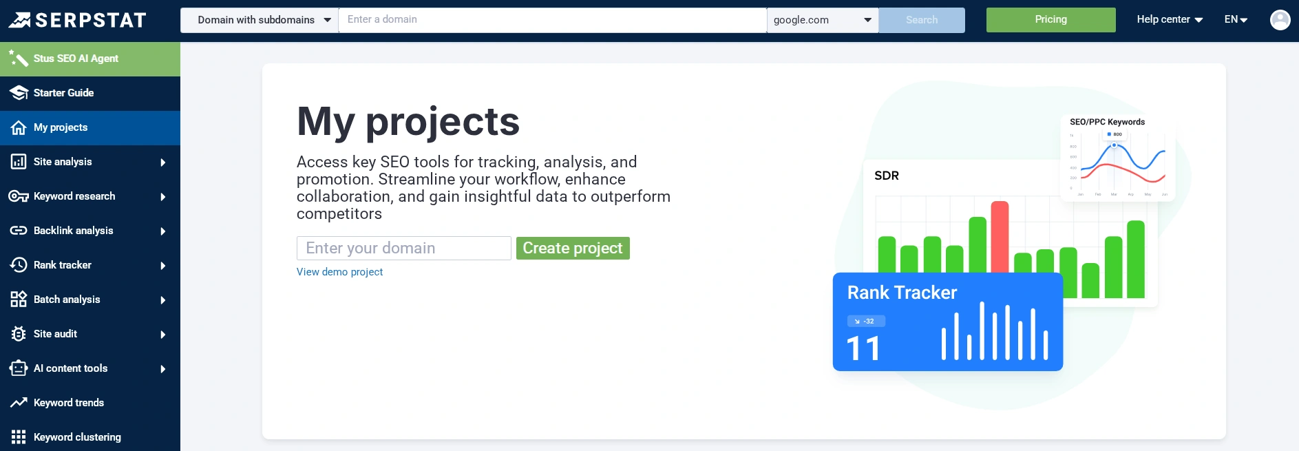 Adding a project on the service for tracking website positions Serpstat