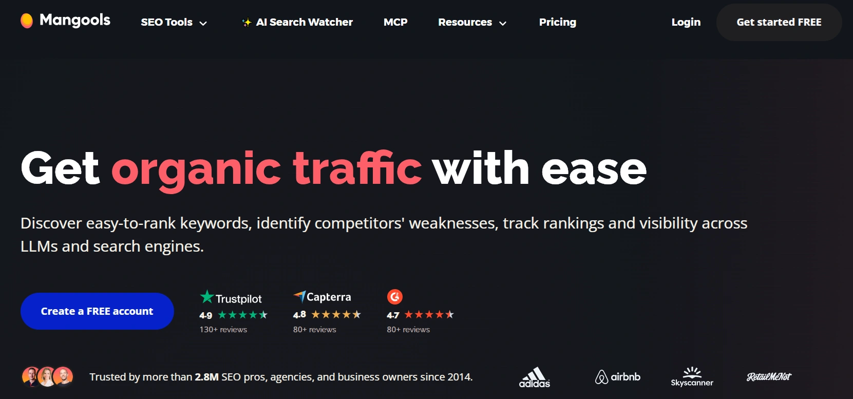 Main page of the service for tracking website positions Mangools