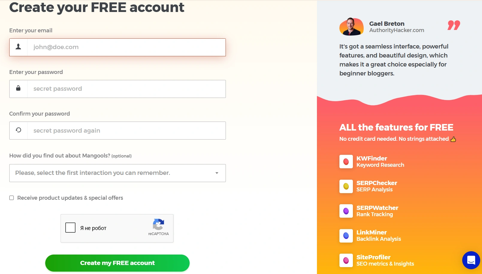 Example of creating an account on the service for tracking positions Mangools