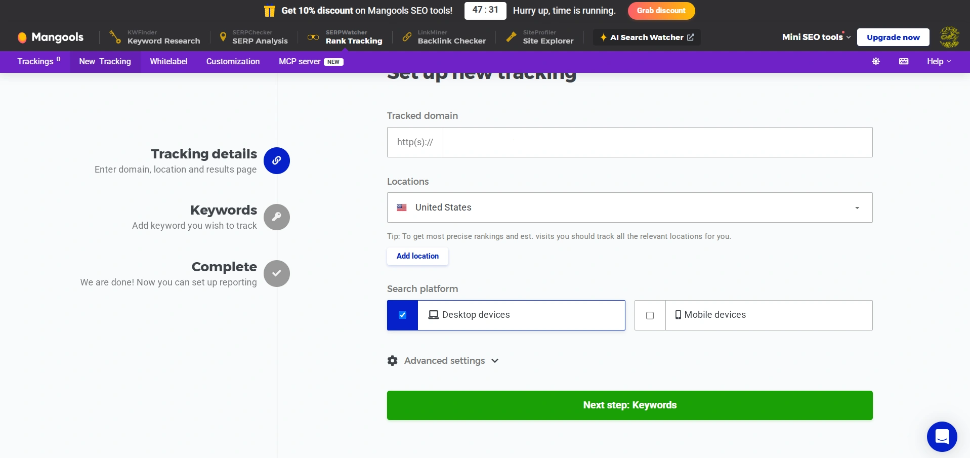Adding a project to track website positions on Mangools