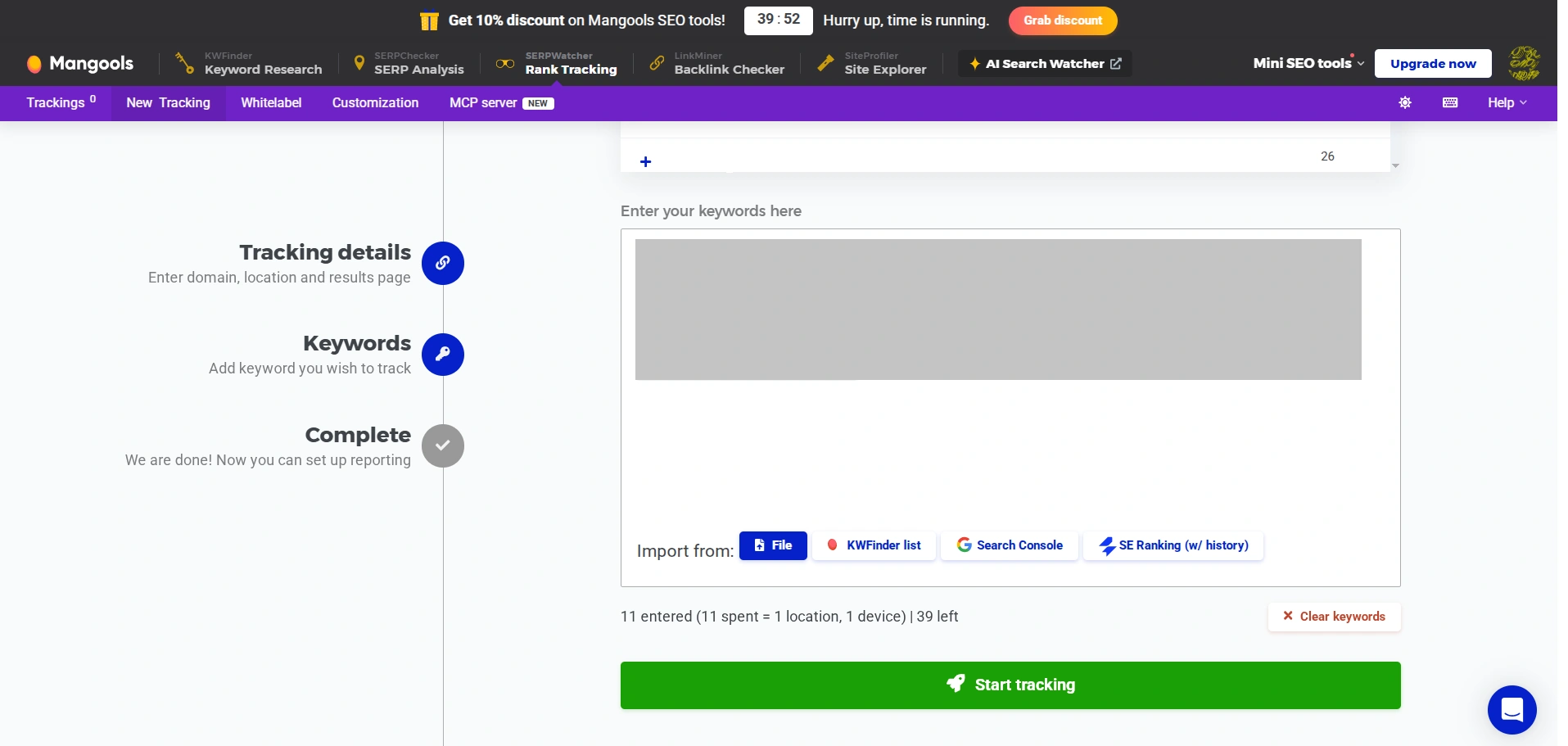 Example of the cost of tracking website positions on the Mangools service