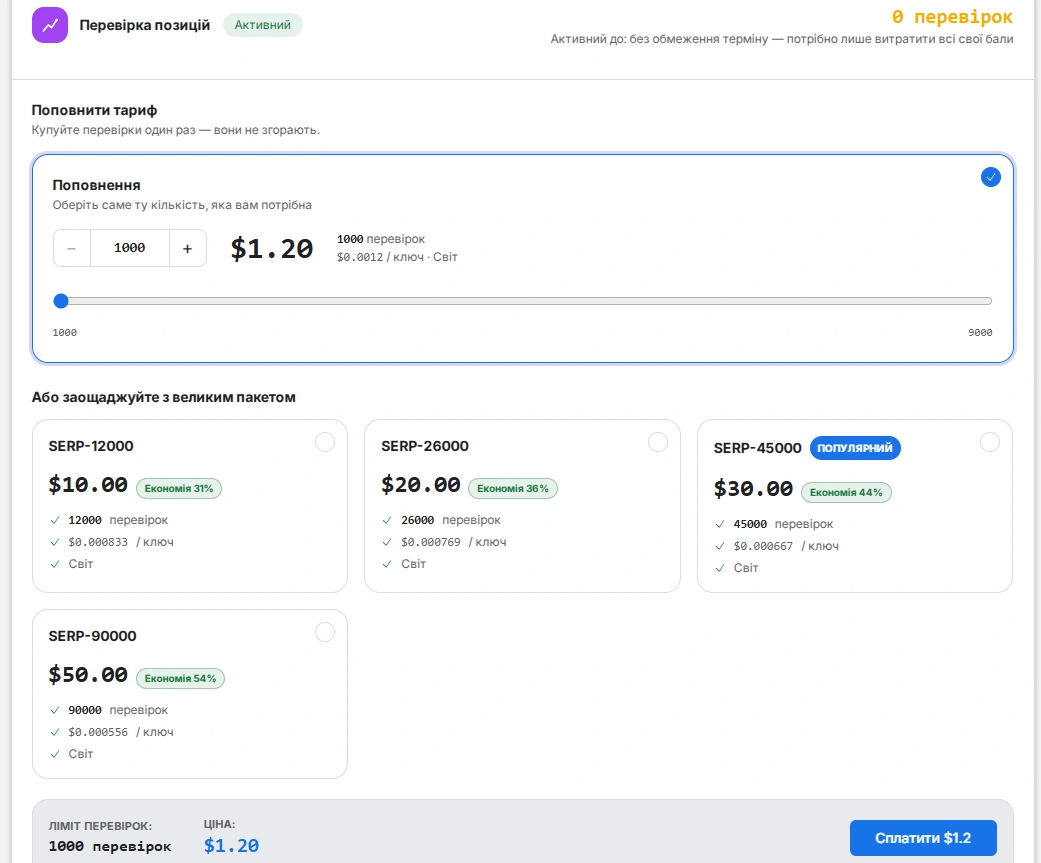 Поповнення балансу на SEO Checker для відстеження позицій сайту